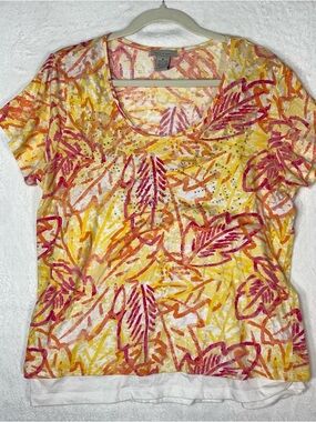 Kate & Henry XL Tropical Leaf Print Top Rhinestone Bling Layered Hem Boho Resort